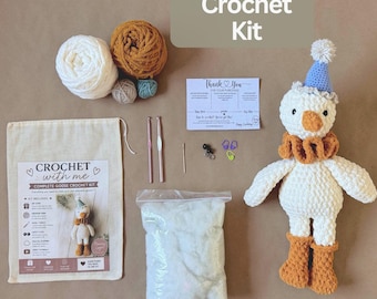 Goose Crochet Kit Amigurumi Pattern Video Tutorial Complete Supplies Farmhouse Goose Doll Making Craft Stuffed Animal Handmade Gift Project