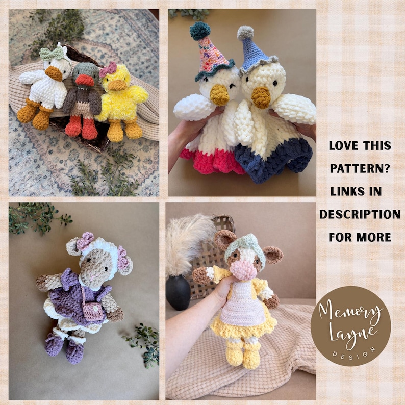 Collage showing different crochet goose variations included in the goose crochet pattern.