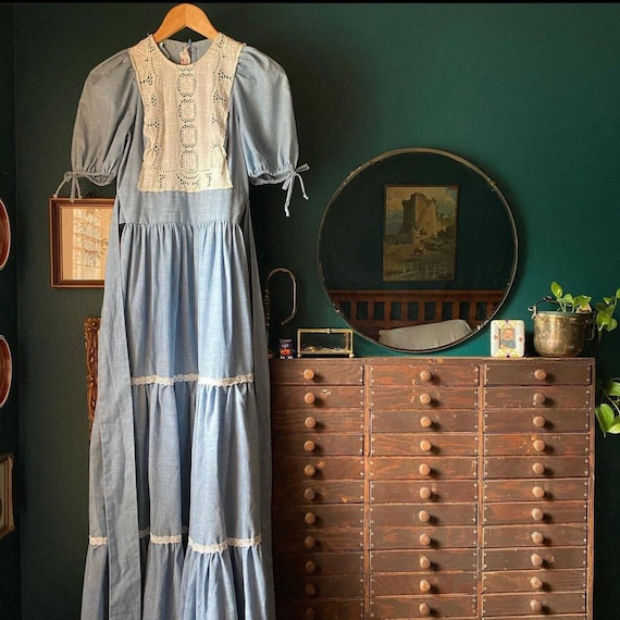 1970’s Prairie Blue Maxi Dress
