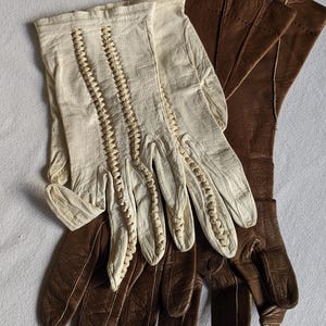 2 pair Vintage Leather Gloves/Kidskin Vintage Gloves, Set of 2, Brown Leather Vintage Gloves/White Kid Vintage Gloves, Set of 2