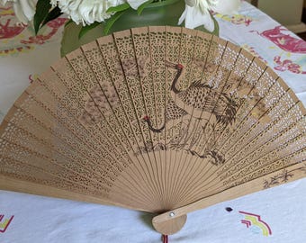 Sandalwood Chinese Fan with Cranes