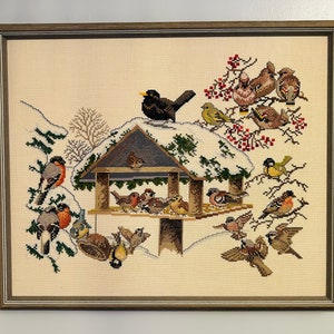 Large Vintage Colorful Embroidered Birds and Birdhouse, Bird Lover Gift