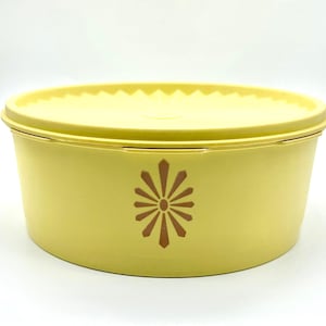 Recipiente apilable/encajable de plástico Tupperware con diseño vintage amarillo "Starburst" - N.° 1204/1205 - Hecho en Canadá