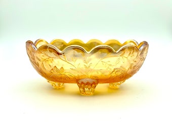 Jeannette Iridescent Carnival Marigold Glass Oval Bowl Floragold Pattern