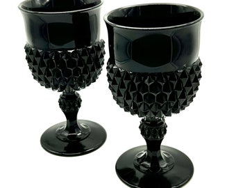 Indiana Glass Black Tiara Diamond Point Glasses Set of 2, Juice or Wine Goblet Glass, Vintage Textured Black Glassware, Black Drinkware