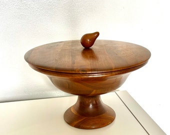 Hand Turned Walnut Pedestal Bowl. MCM  Decorative Lidded Wood Pedestal Bowl. 1960s Wood Bowl and Lid with Finial. Handmade Walnut Wood Bowl.