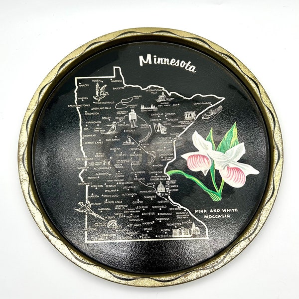 Vintage Minnesota Souvenir State Metal Tray Map Landmarks Decorative Collector Collectible Travel Gift