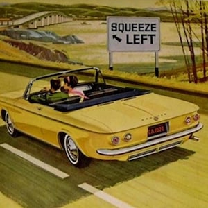 1964 Chevrolet Corvair Monza Spyder Yellow Convertible Automobile, Vintage Magazine Ad, Classic Car Decor