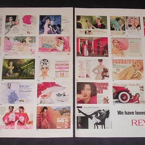May include: A vintage advertisement featuring a collage of Revlon ads. The ads showcase women in various settings, with bold colors and retro styles. Text includes "Daring Young Red" and "We have loved life for 50 years. Revlon."