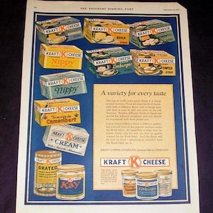 1927 Kraft Cheese Magazine Ad: A Variety for Every Taste, 14 Cheese Products