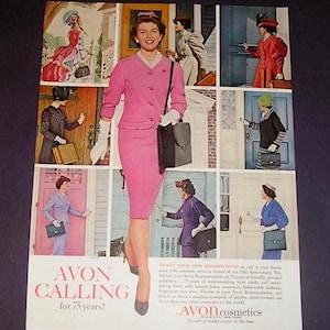 1960s Avon Cosmetics Ad, Avon Calling for 75 Years, Timeline of Avon Reps with Fashion Images, Vintage Magazine Advertising
