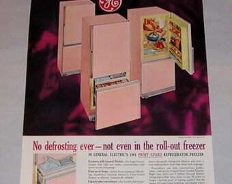 1961 General Electric Refrigerator Freezer Magazine Ad, GE Pink Kitchen Appliance