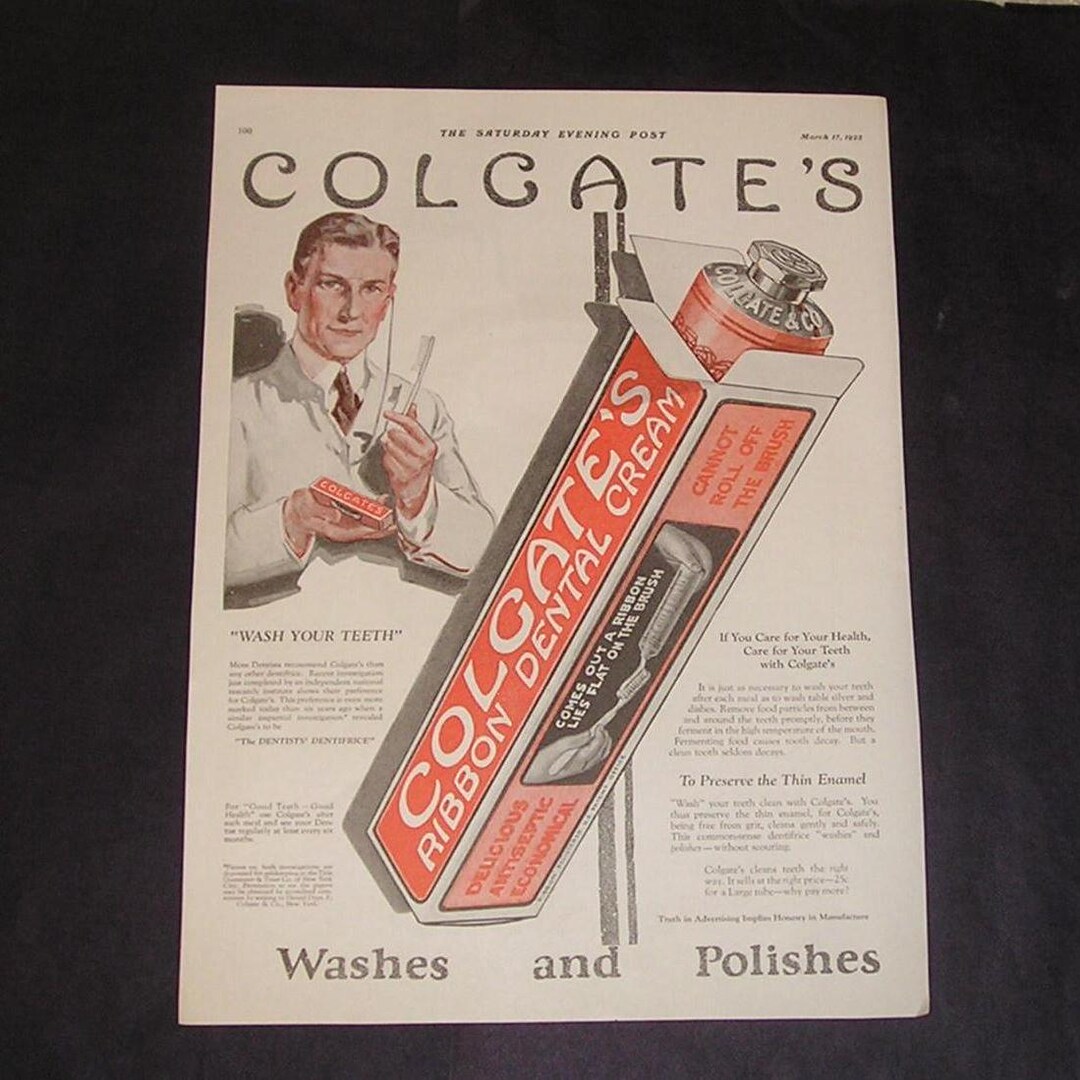 Toothpaste Ribbon Colgate's Ribbon Dental Cream, Vintage 1923 Magazine Ad, Toothpaste ...