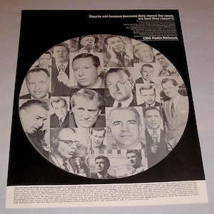 1968 CBS Radio Network, Vintage Magazine Ad, Memorable News Reporters, B&W Collage Photo, Historic Radio Ephemera