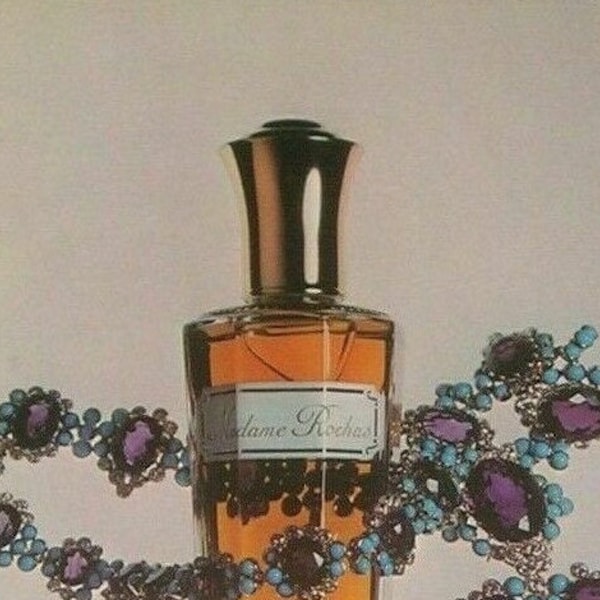 1974 Madame Rochas Perfume, Vintage Magazine Ad, Adorned with Cartier Jeweled Necklace