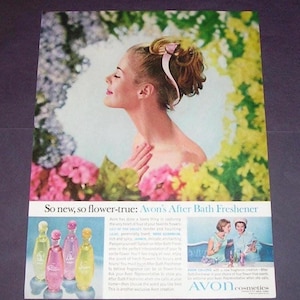 1960s Avon Cosmetics Magazine Ad, 4 New After Bath Fresheners, Pretty Lady Image, Vintage Advertising Art, Bedroom / Bath Decor