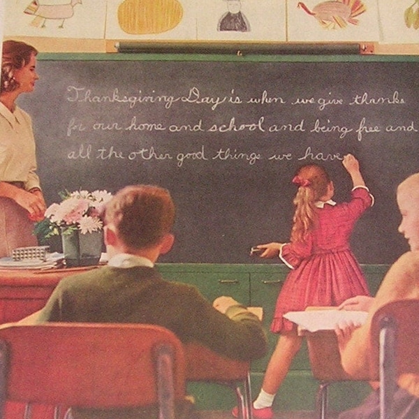 1960 Insured Savings & Loan, Vintage Magazine Ad, Little Girl Writing on Blackboard, School Classroom Scene, Thanksgiving Theme