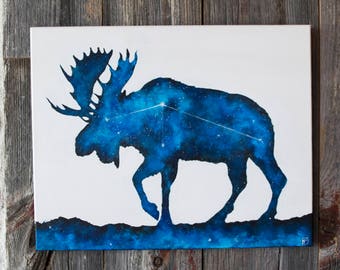 Moose Painting | Moose Wall Art | Moose Canvas | Moose Decor | Space Moose | Double Exposure Animals | Space Painting | Galaxy Canvas