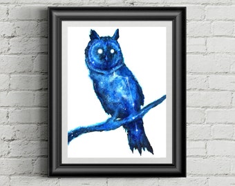 Owl Print | Owl Painting | Space Owl | Owl Wall Art | Cosmic Owl | Blue Owl | Constellation Print | Surreal Owl | Space Painting | Owl Decor