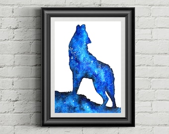 Wolf Print | Wolf Painting | Space Wolf | Space Print | Galaxy Print | Wolf Decor | Howling Wolf | Howl at the Moon | Double Exposure