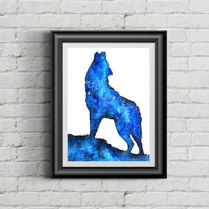 Wolf Print | Wolf schilderij | Space Wolf | Ruimteafdruk | Galaxy Print | Wolf Decor | Huilende wolf | Huilen bij de maan | Dubbele belichting