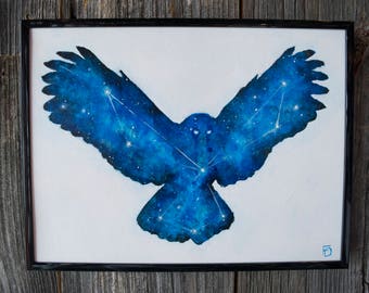 Owl Painting | Owl Constellation | Owl Wall Art | Space Owl | Cosmic Owl | Blue Owl Space Art | Surreal Owl Painting | Double Exposure Owl