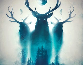 Deer Print | Deer Painting | Antlers Print | Antlers Painting | Forest Art Print | Moon Print | Moon Phases Print | Deer Antlers Painting