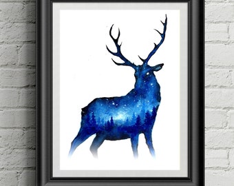 Deer Forest Print | Deer in Forest Print | Forest Animal Deer | Deer Painting | Spirit Animal | Double Exposure Deer | Space Animals
