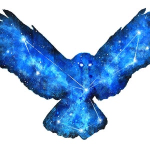 May include: A watercolor painting of an owl with a blue galaxy pattern. The owl's wings are spread wide, and the galaxy pattern is visible on its feathers. The owl's eyes are black, and its beak is yellow.