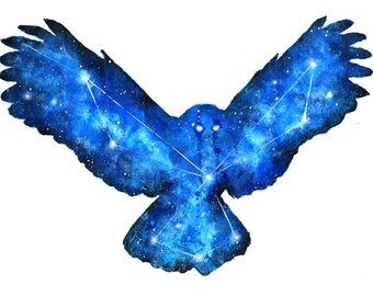 Owl Print | Space Painting | Double Exposure Owl | Owl Painting | Owl Constellation | Constellation Print | Galaxy Painting | Owl Decor
