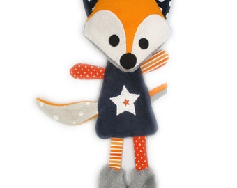 Doudou peluche plat renard, tissu coton minky polaire, orange bleu marine, hauteur 27 cm, doudou personnalisable en couleur