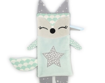 Doudou peluche plat renard, tissu coton minky polaire, gris vert d'eau, hauteur 25 cm, doudou personnalisable en couleur