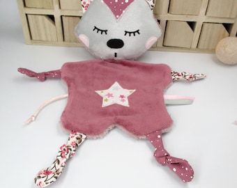 Doudou chat, peluche chat, tissu polaire microfibre coton, rose mauve, personnalisable couleur, doudou bébé, idée de cadeau