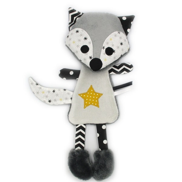 Doudou peluche plat renard, tissu coton minky polaire, gris blanc noir, hauteur 27 cm, doudou personnalisable en couleur