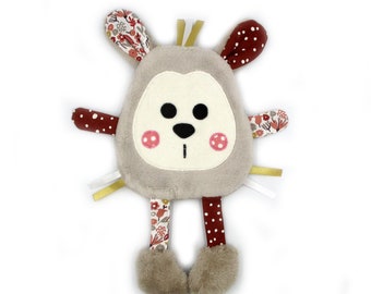 Doudou plat mouton, peluche, marron rose, tissu coton minky, personnalisable prénom et couleur, fait-main, hauteur 25 cm