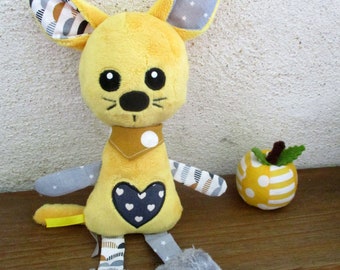 Doudou chat, peluche chat, tissu coton minky, jaune gris, personnalisable couleur, doudou bébé, idée de cadeau