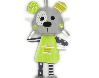 Doudou panda, peluche, gris vert, tissu coton minky, personnalisable en couleur, fait-main, hauteur 27 cm