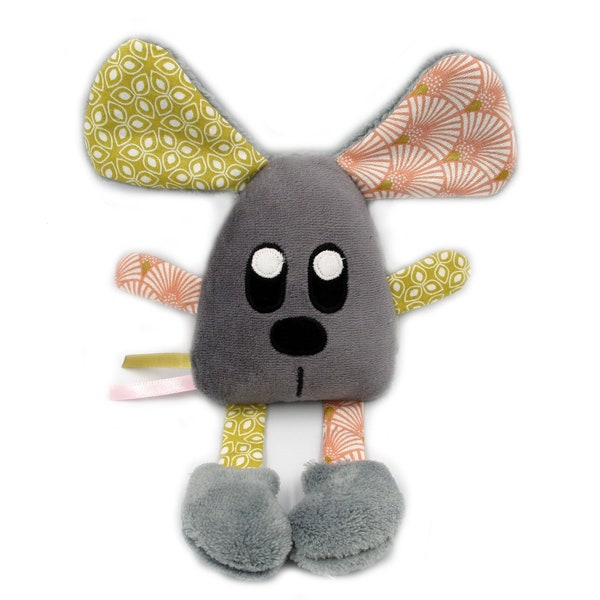 Doudou souris, peluche souris, doudou fait-main, rose gris, coton minky polaire, personnalisable, doudou bébé, 27 cm de hauteur