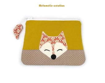 Trousse renard, jaune marron, trousse originale, trousse animaux, coton, personnalisable en couleur, idée cadeau, fait-main