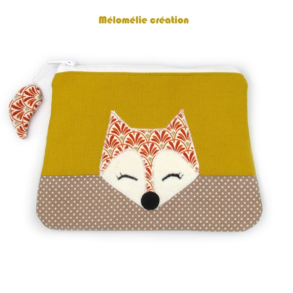 Trousse renard, jaune marron, trousse originale, trousse animaux, coton, personnalisable en couleur, idée cadeau, fait-main