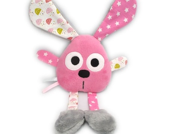 Doudou fait-main lapin, rose blanc, coton polaire microfibre, personnalisable couleur, doudou bébé, fait-main, Pâques