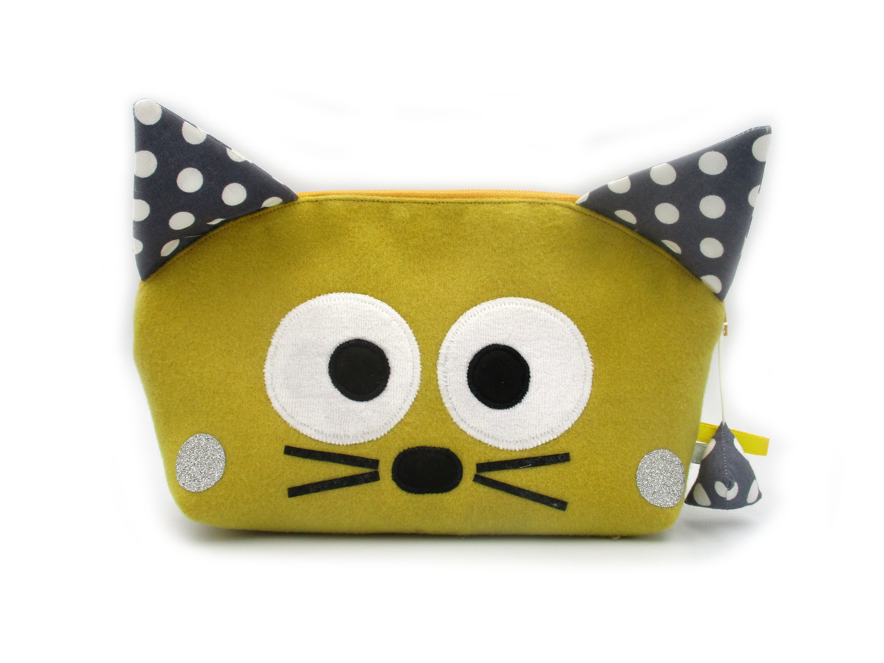 Trousse d'école, Chat, Trousse Originale, Jaune Gris, Animaux, Coton, Personnalisable en Couleur, Id