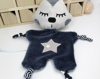 Doudou chat, peluche chat, tissu polaire microfibre coton, bleu, personnalisable couleur, doudou bébé, idée de cadeau