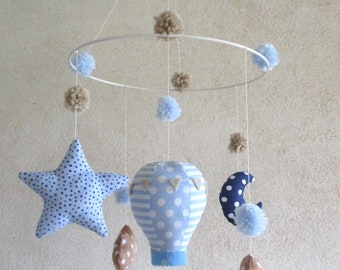 Luchtballonmobiel, katoen, blauwbruin, decoratieve mobiel, kinderkamerophanging, geboortecadeau-idee