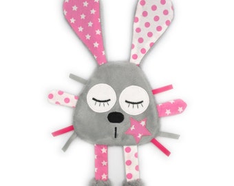 Doudou peluche lapin endormi, tissu coton minky, gris rose blanc, fait-main, personnalisable en couleurs, cadeau de naissance