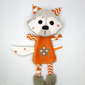 Doudou flat raccoon plush toy, polar minky cotton fabric, orange brown, handmade, birth gift, height 27 cm