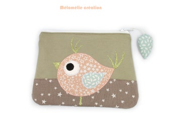 Trousse oiseau, marron corail, trousse originale, trousse animaux, coton, personnalisable en couleur, idée cadeau, fait-main