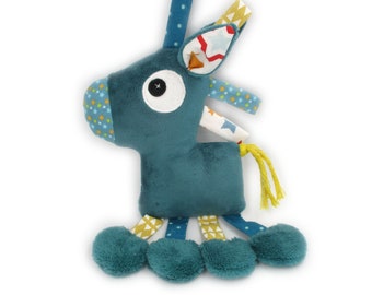 Doudou cheval, minky coton, bleu jaune, idée cadeau, doudou fait-main, personnalisable en couleur, doudou fait-main