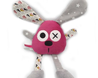 Doudou peluche lapin, fuchsia gris, coton polaire microfibre, personnalisable couleur, doudou bébé, fait-main