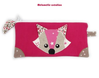 Trousse d'école, renard, trousse originale, rose, trousse animaux, coton, personnalisable en couleur, idée cadeau, fait-main